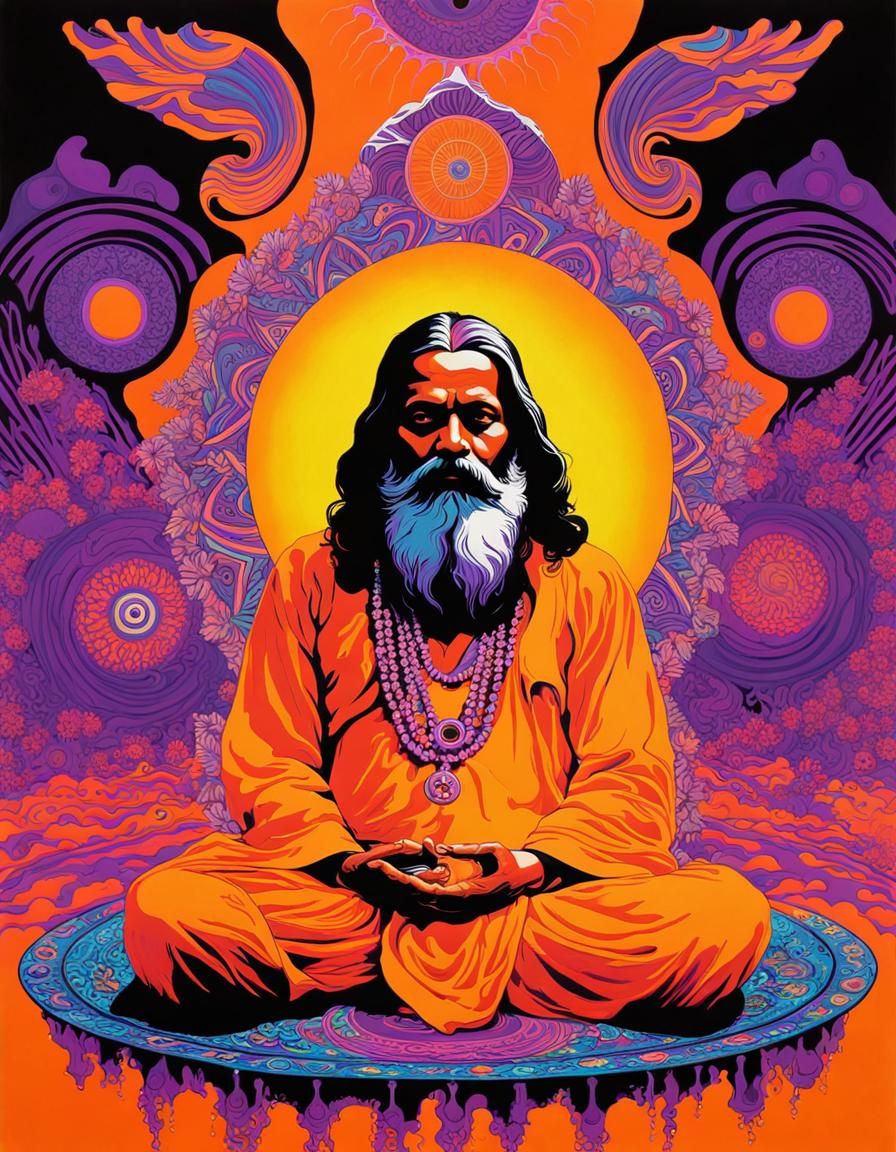 Maharishi Mahesh Yogi meditating.