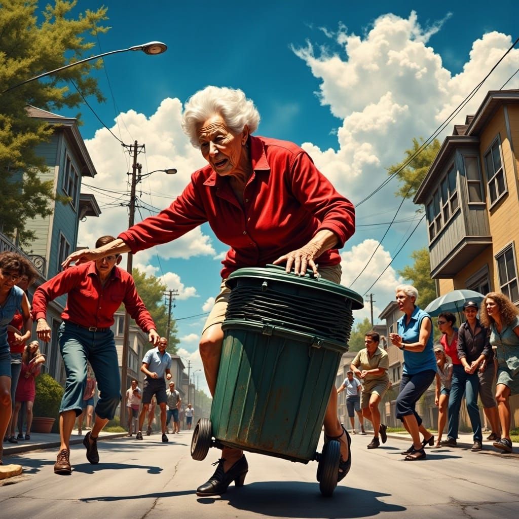 <lora:Caught in a Mosh v2:1.0> angry suburban octogenarian woman throwing a trashcan at some hooligans on suburban street, dynamic action,...