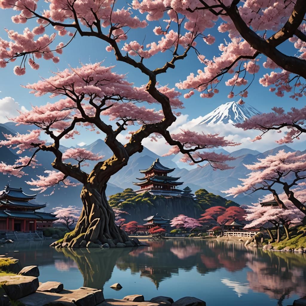 A beautiful ancient sakura tree in front of a lake. Mountain...