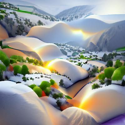 snowy valley in morning light colourful beautiful ambient oc...