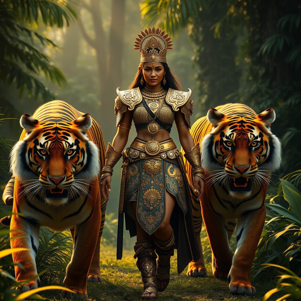 Regal Warrior Woman Embarks on Jungle Quest with Bengal Tige...