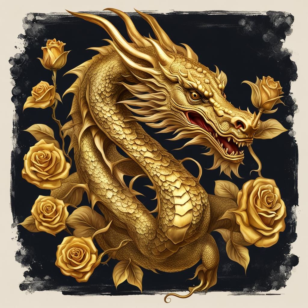 Golden dragon with a golden roses