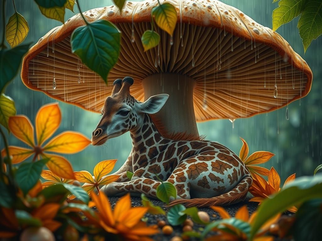 Giraffe Seeks Shelter Under Giant Mushroom