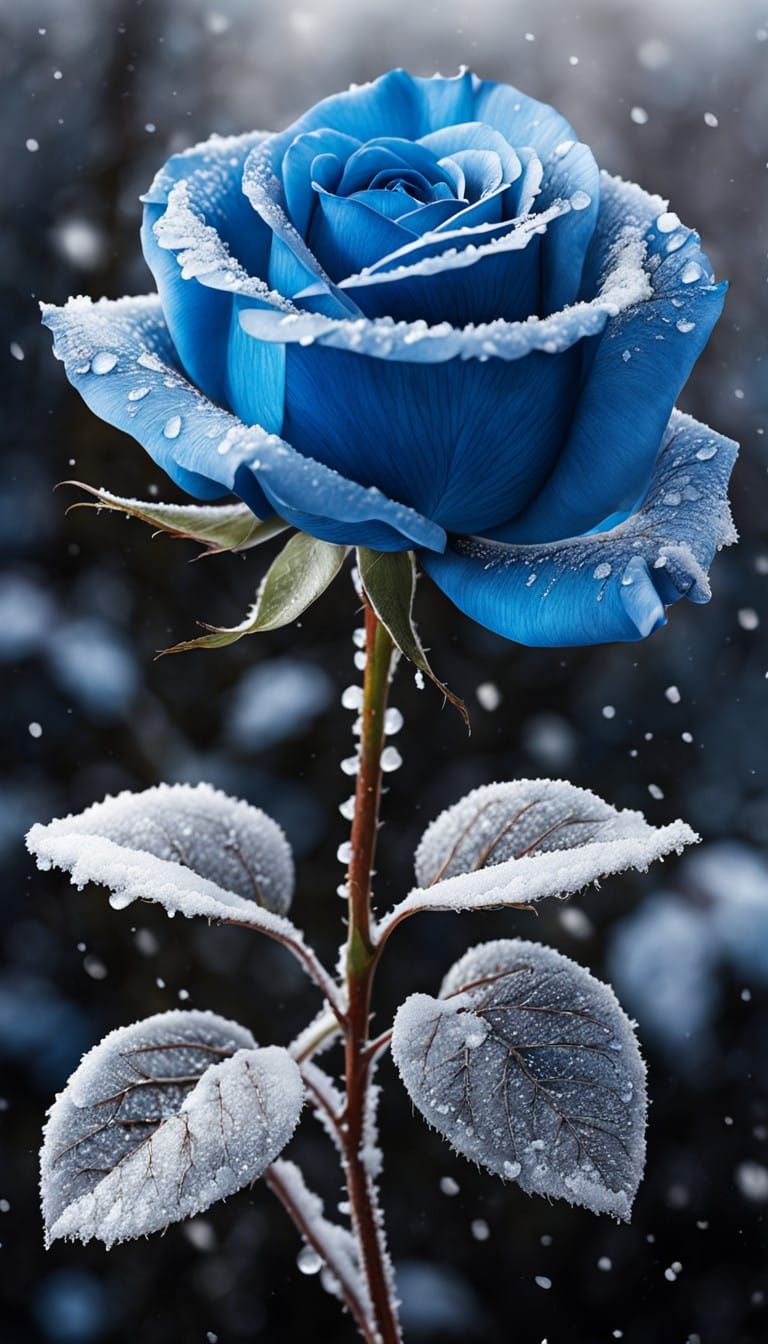 Hyper Realistic Pencil Drawing of a Single Blue Rose in Wint...