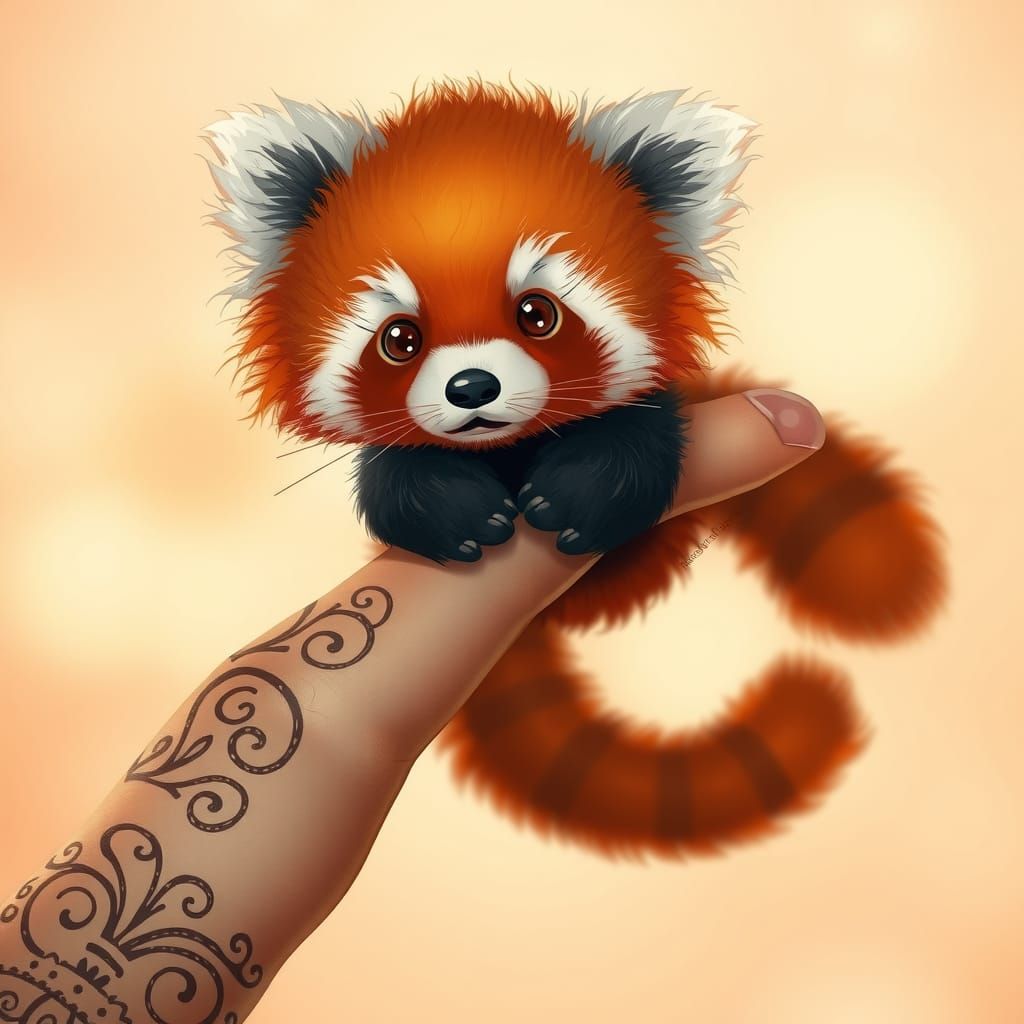 **Prompt:**

A small and fluffy red panda perches on a slender human finger, its tiny claws gently gripping the skin. The panda's curious ga...