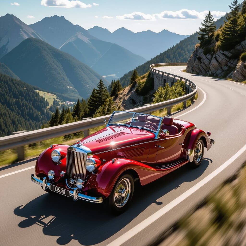 Edit a realistic photo about a classic car, a carbiolet roadster. It is passing on a beautiful mountain road. It is metallic red in color, t...