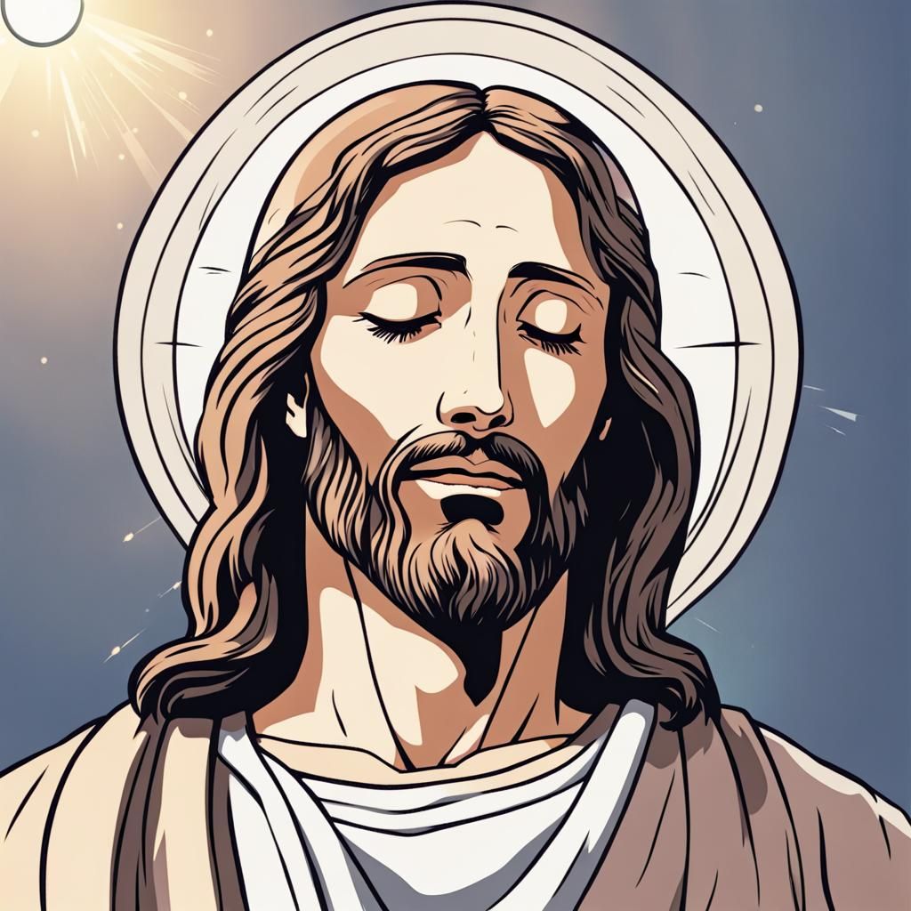 Jesus Christ with a gentle smile eyes closed with tears in anime