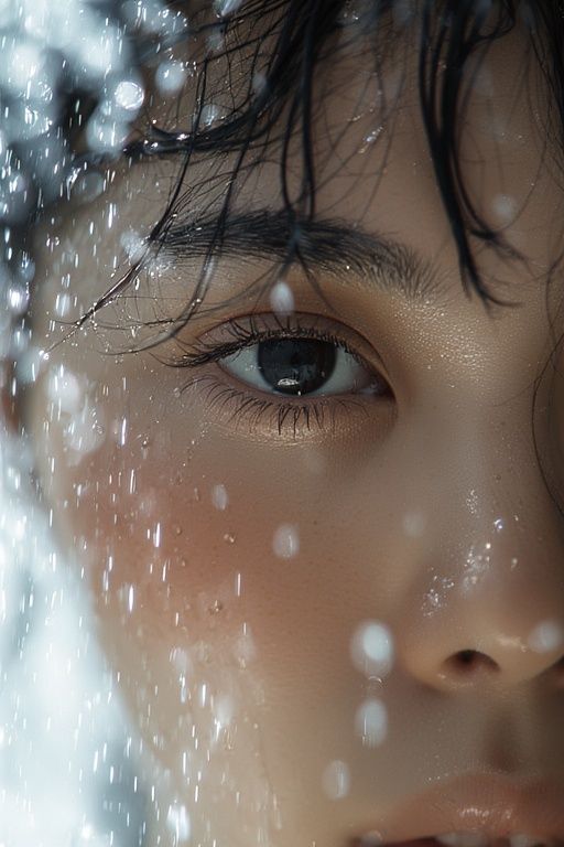 a stunning Asian woman under a cascading shower