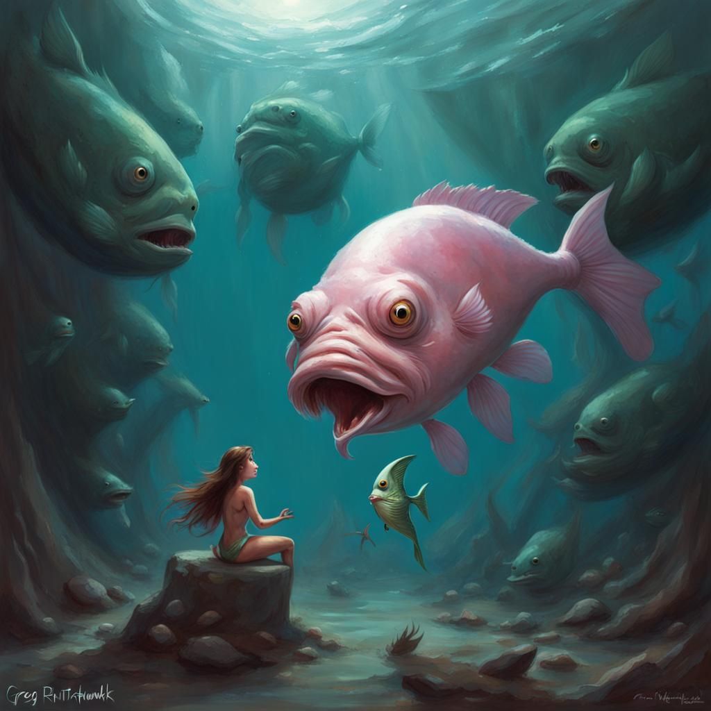 blob fish eating a mermaid   sinister by Greg Rutkowski