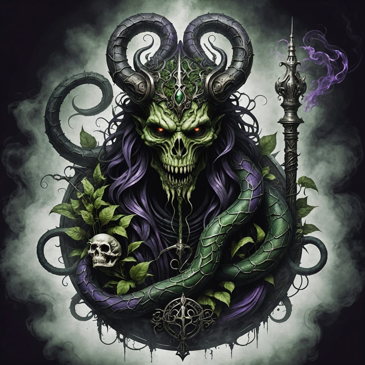 intricate logo cover, grotesque king, ancient staff, snake head, flowing smoke, dark occult, complex details, haunting imagery, brutal form,...