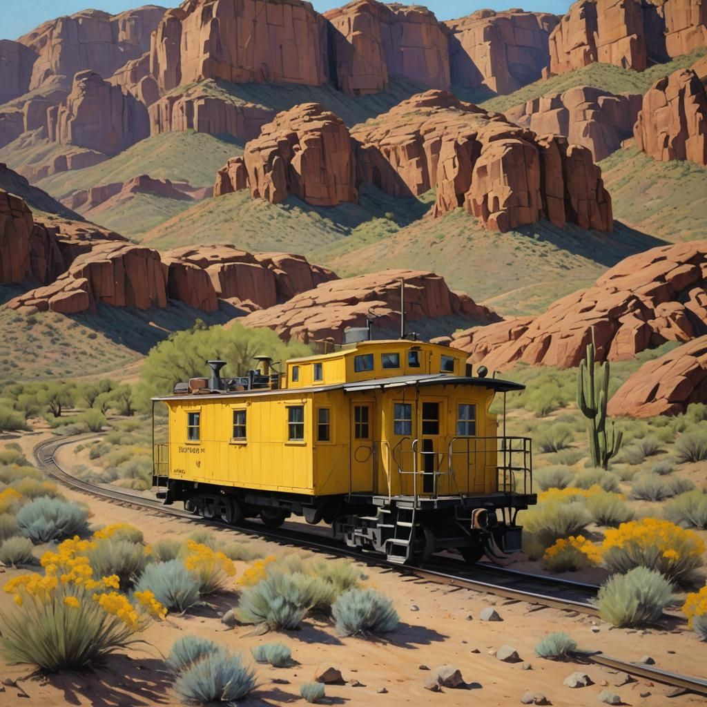In the desert sun
 in Arizona,
A yellow railroad caboose