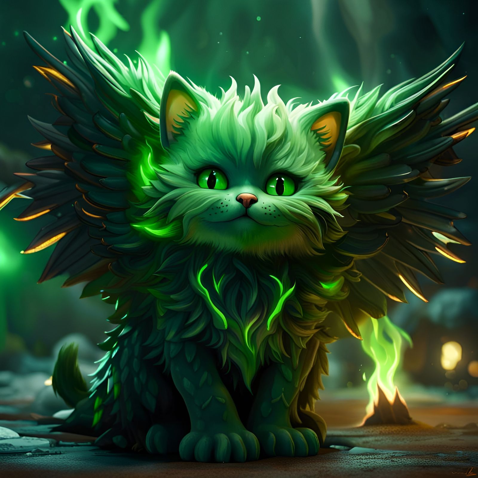 Cute Cat with wings and breath green fire