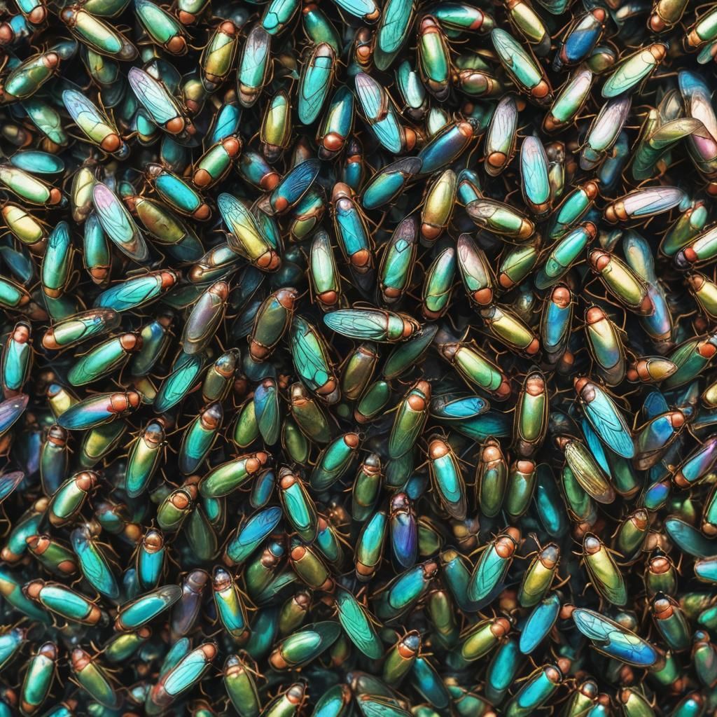 A wonderful swarm of metallic iridescent translucent cicadas
