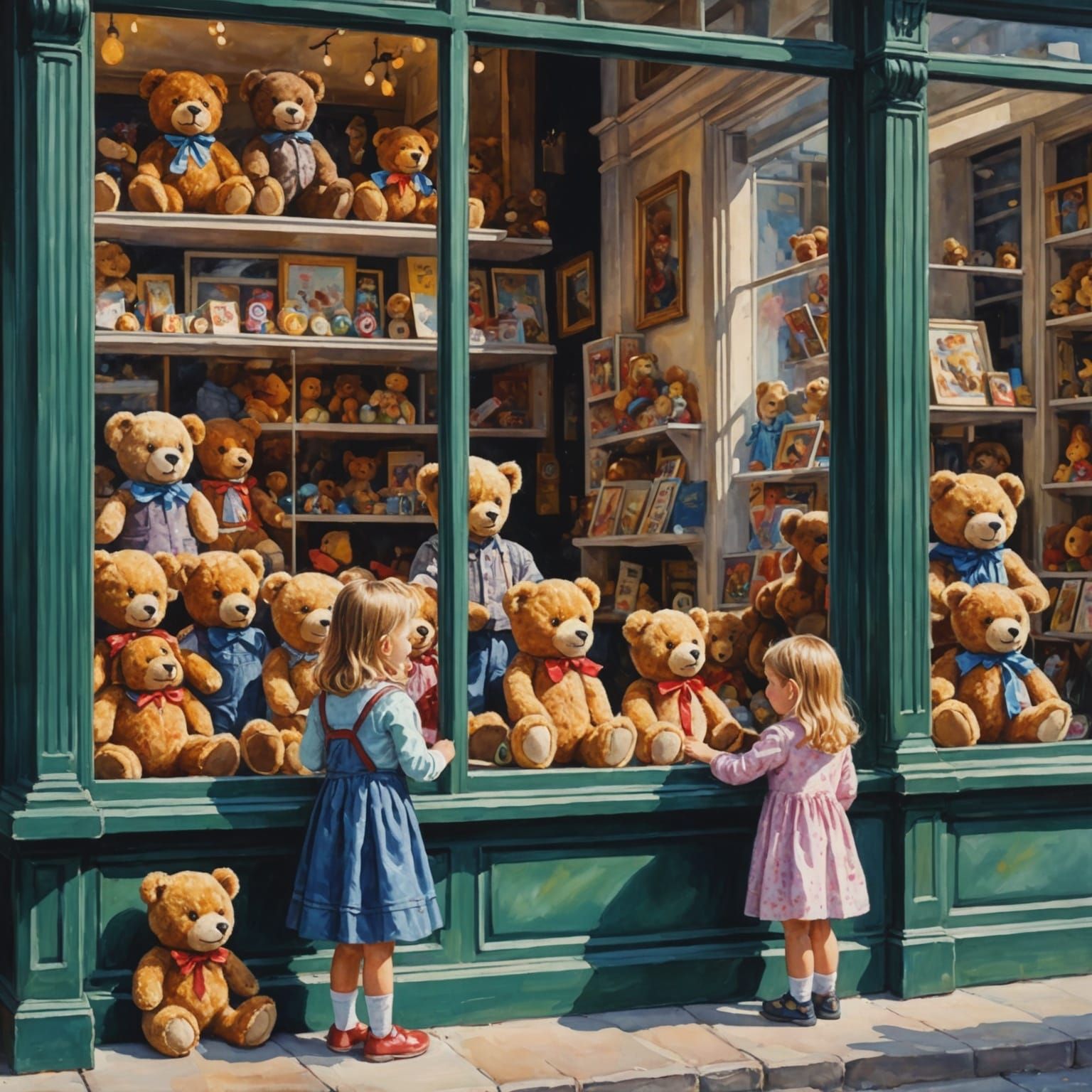 Teddy bears in the window of a toy store  by @Valentina