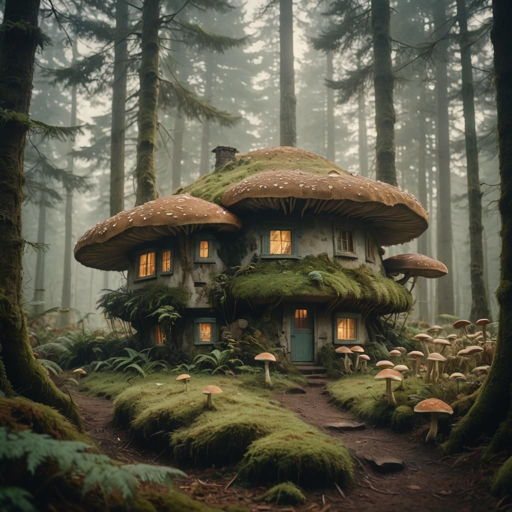 Mushroom House in Misty Forest Glade