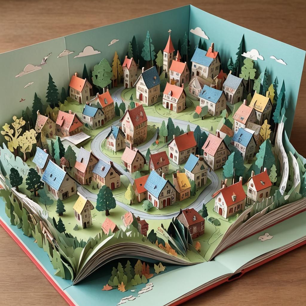 Pop up book + 2d paper village in an open book