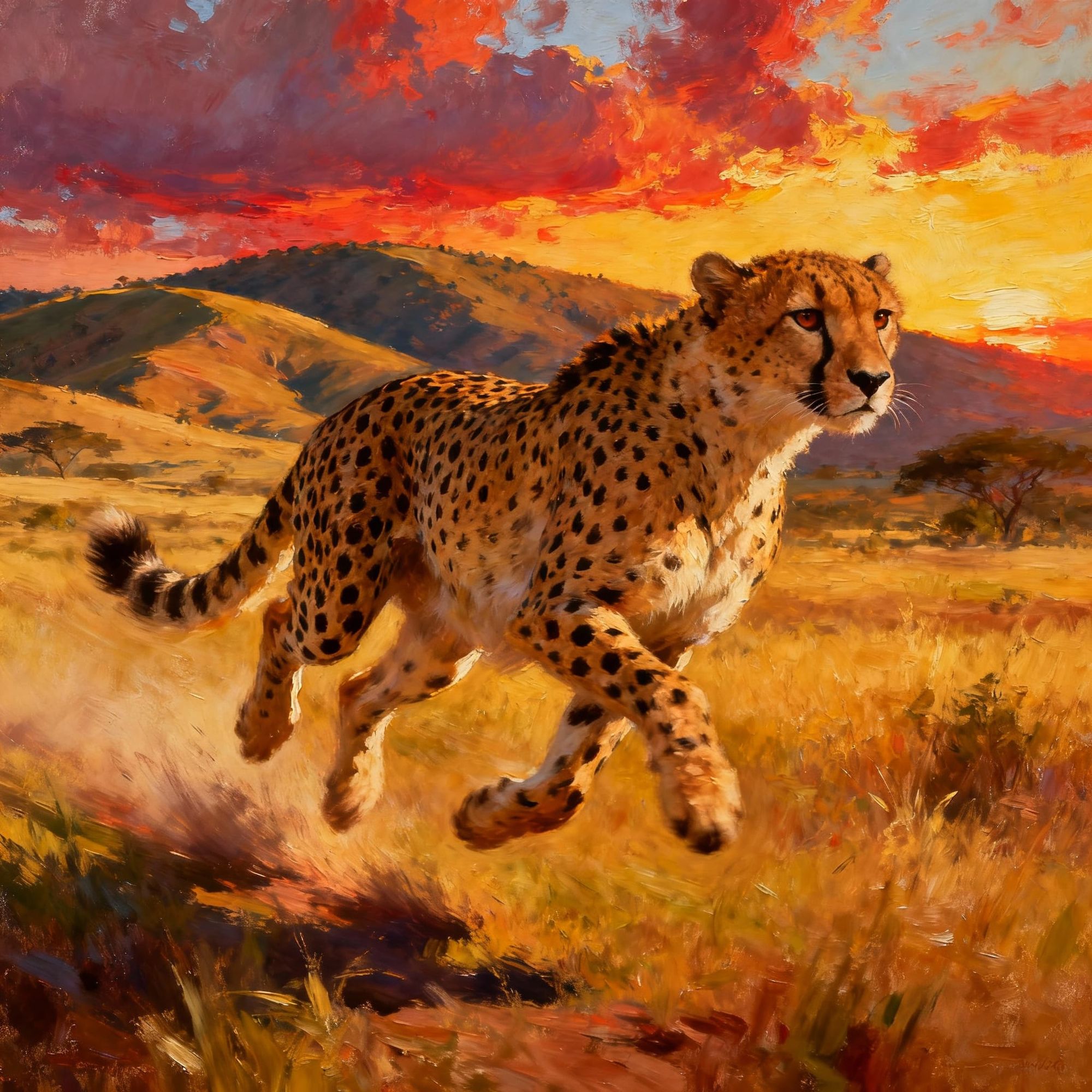 Epic painting of a cheetah, sprinting, swift motion, african savannah landscape, hills in background, rich colors