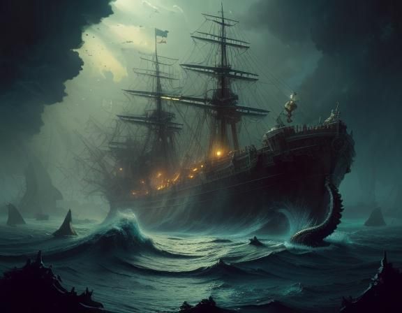Ship lost on the bottom of the sea, on the left side a huge ...