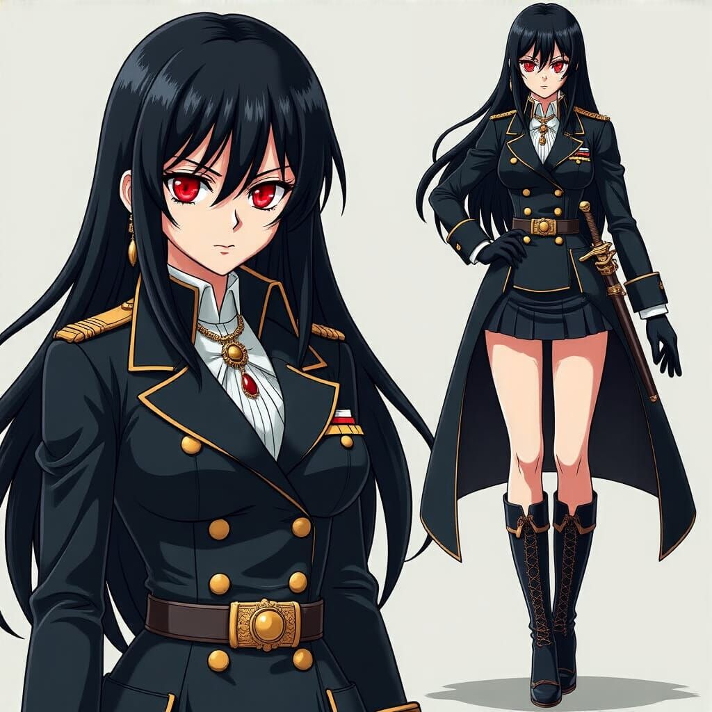 A young anime female admiral with a black navy uniform, a sword, long black hair, red eyes, a coat, high heeled boots, gloves, some jeweller...