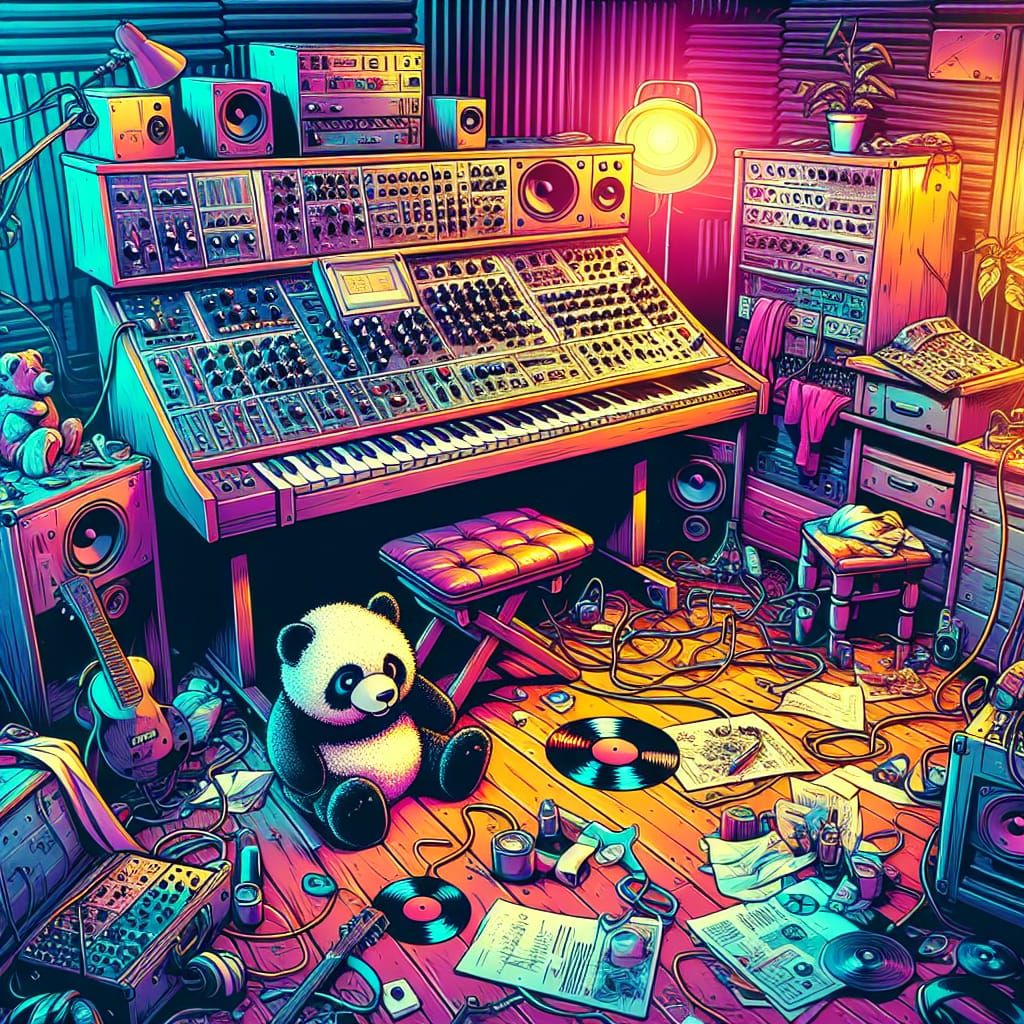 Synthesizer studio , panda bear , house party furniture