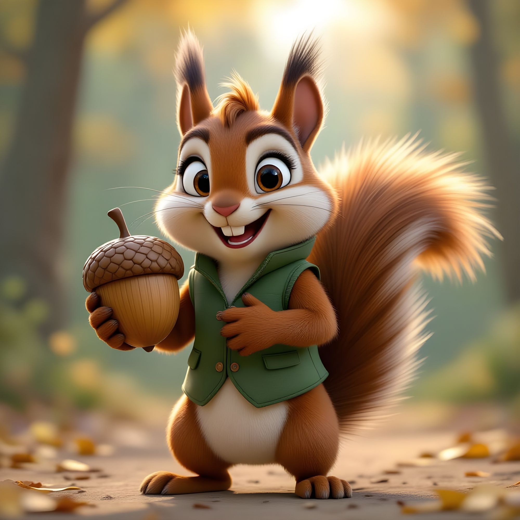 A mischievous cartoon squirrel character, anthropomorphic, standing upright on two legs. He has large, expressive, playful eyes and a wide, ...