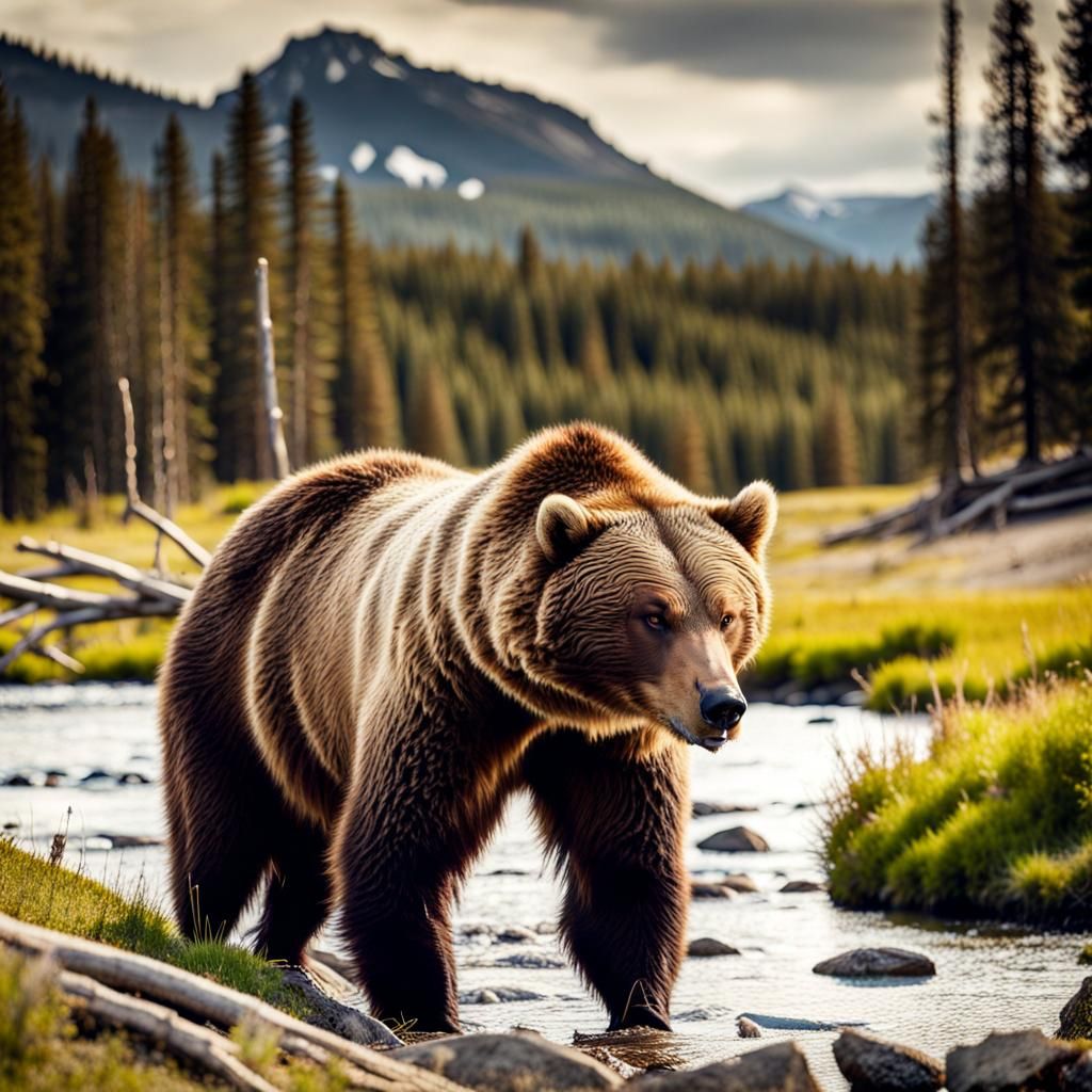 Angry Grizzly Bear standing over a creek in Yellowstone Park mountains ...