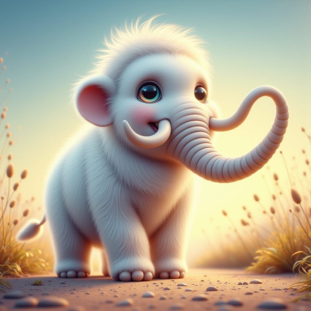 The baby mammoth has two tusks and neither tusk is attached to his trunk