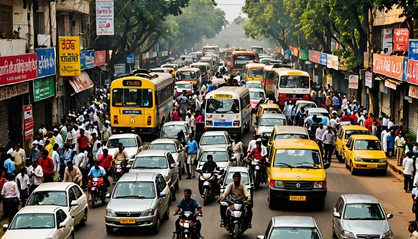 A morning in the city of New Delhi on a busy street
