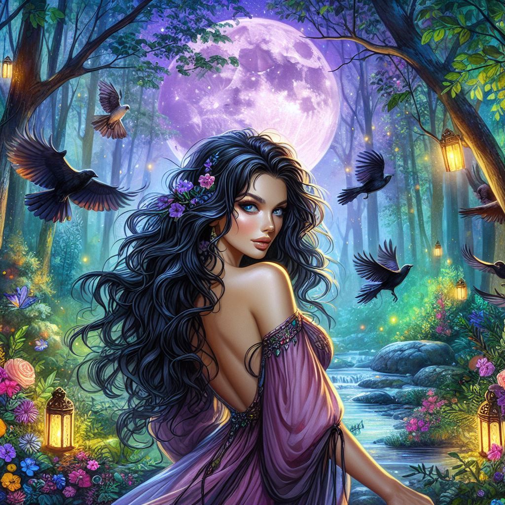 Lovely Gypsy Woman in The Night Forest