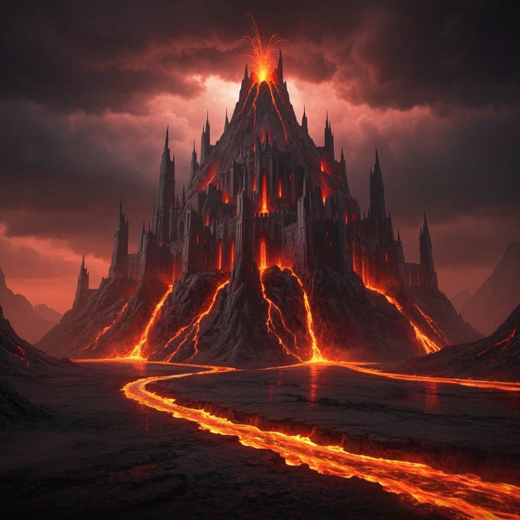 A volcano villain fortress with lava flowing around its walls  by @Jack