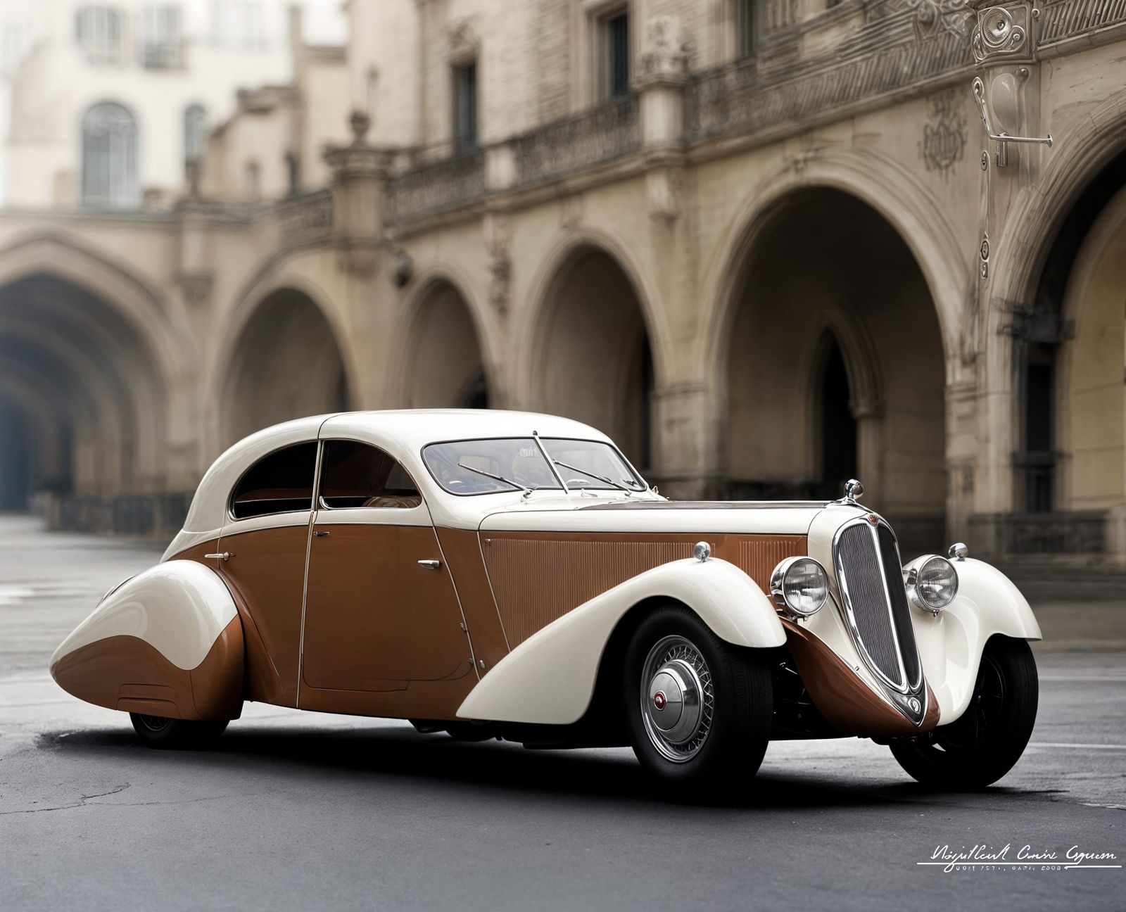 White Big and low berline aerodynamic 1930s car, Talbot Lago Goutte-d'eau style