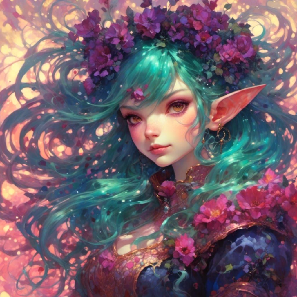 Green Goblin Girl in Pink Dress, Alcohol Ink Art