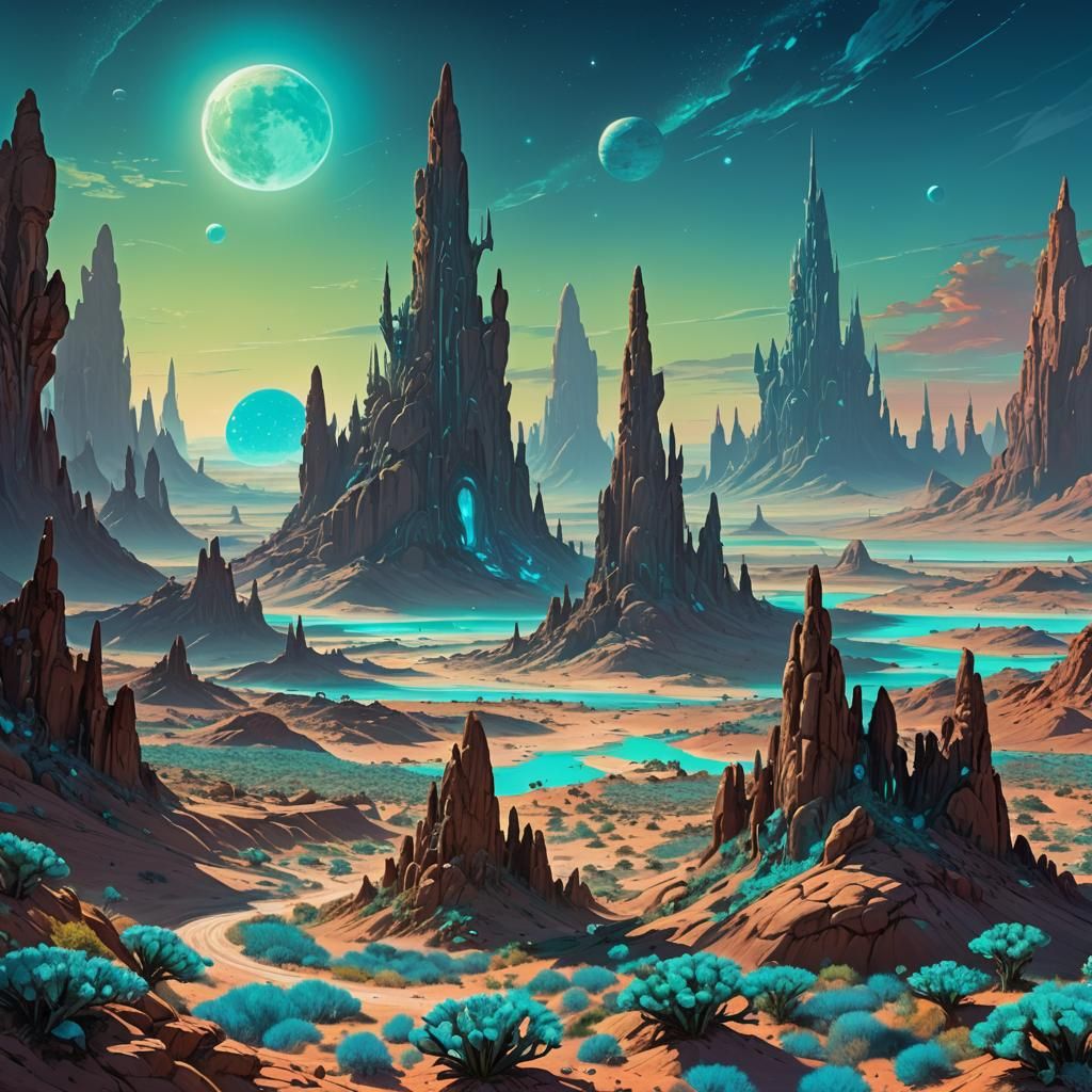 An alien desert with towering, jagged rock formations under ...