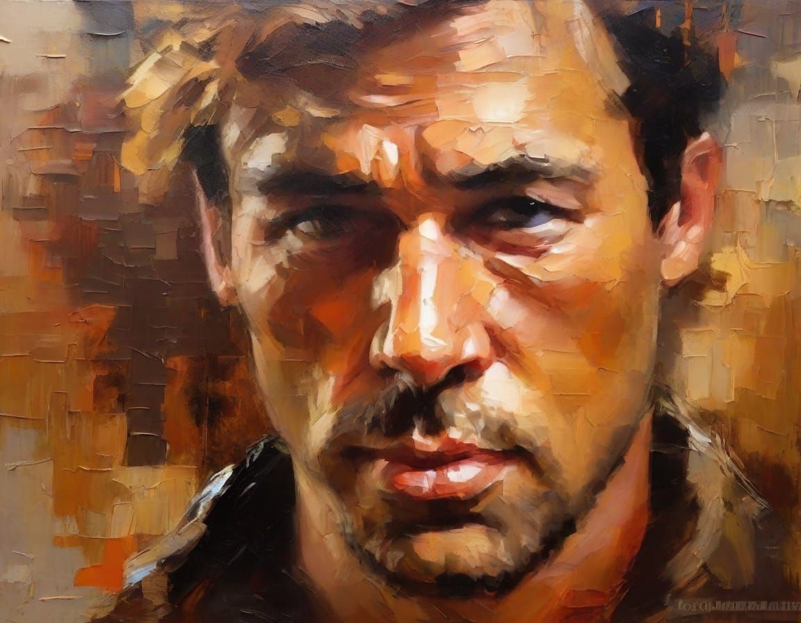 Oil Paint on Distressed Canvas:   

The white background is heavily distressed, a chaotic tapestry of cracks, peeling layers, and deep oil p...