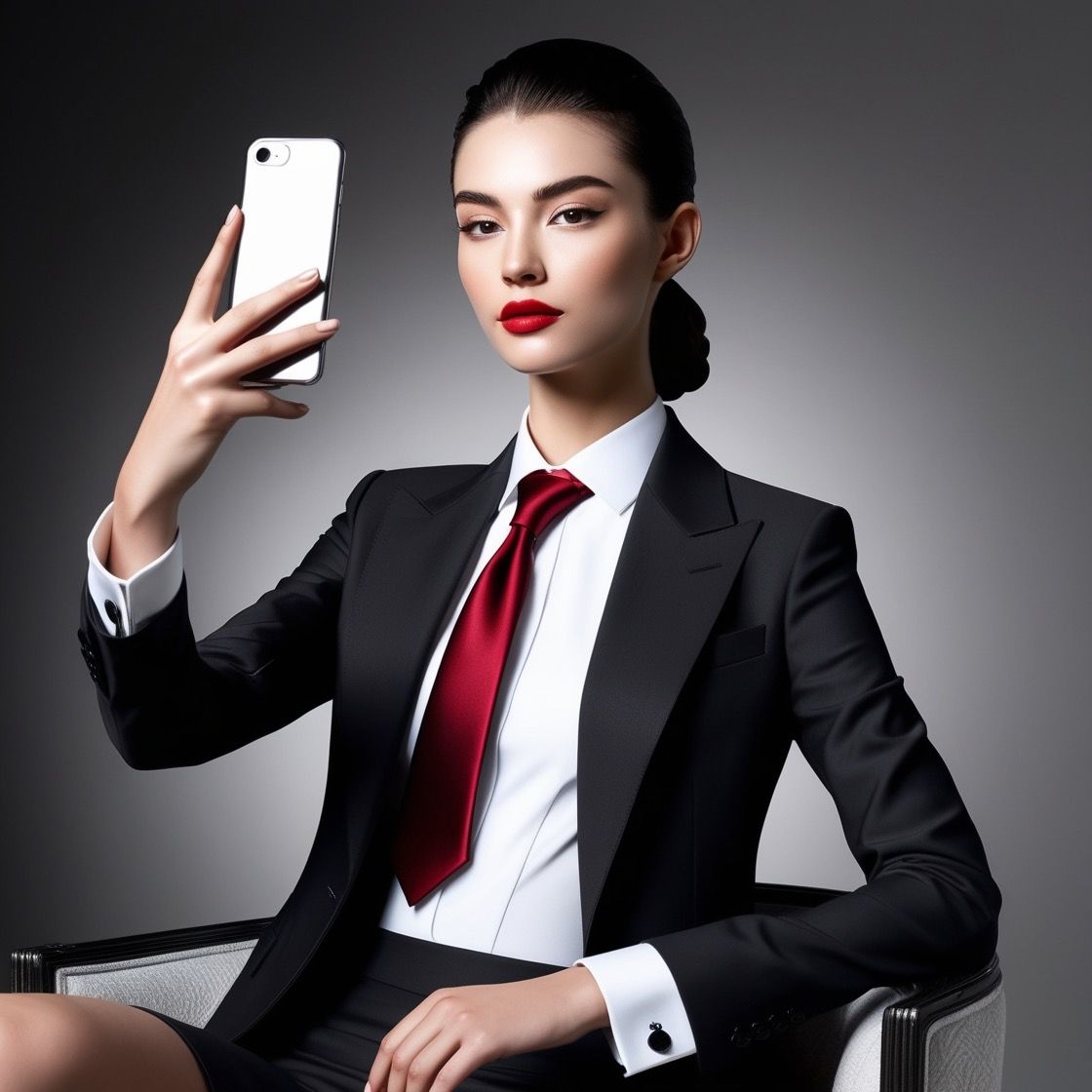 An attractive young woman wearing a charcoal black suit, a crisp white shirt 👔 and a ruby red necktie 👔 taking a selfi...