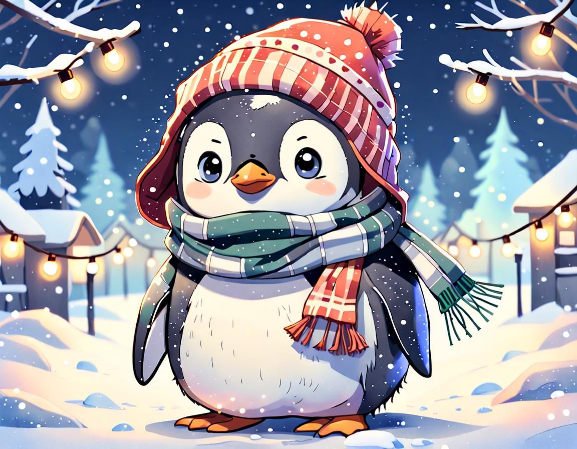 Little Penguin In A Hat And Scarf In Winter Snowy Scenery At Night