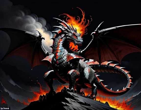 A prestigious dragon with scales of dark, glossy black and f...