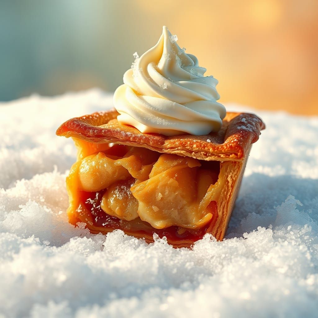 a piece of apple pie in the snow with a scoop of ice cream o...