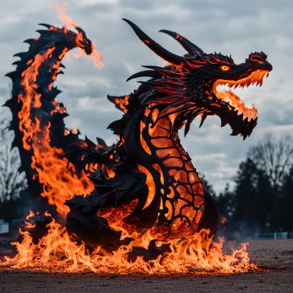 flames in the shape of a dragon, red orange black dark color...