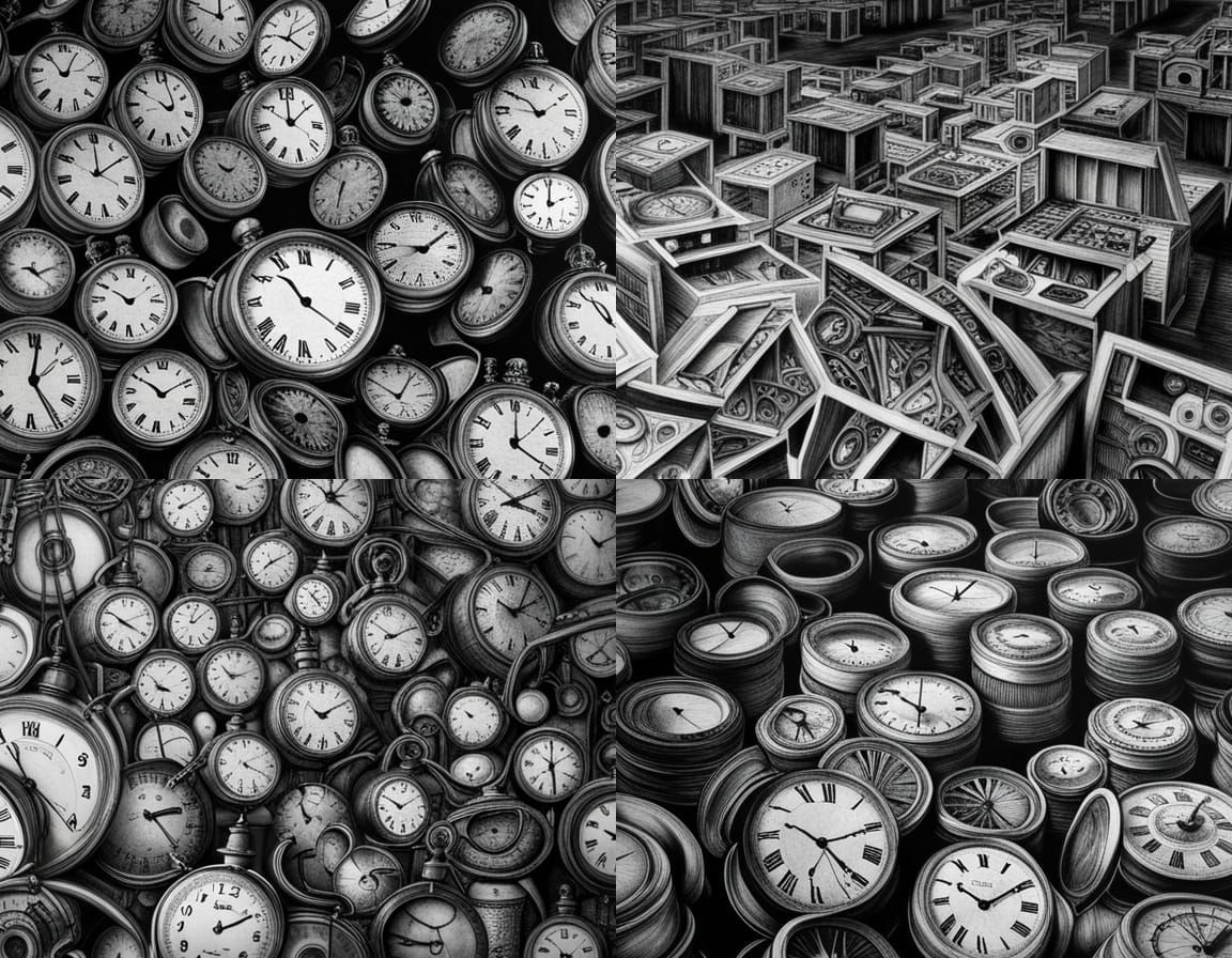 1000 clocks on different times hyperdetailed charcoal drawin...
