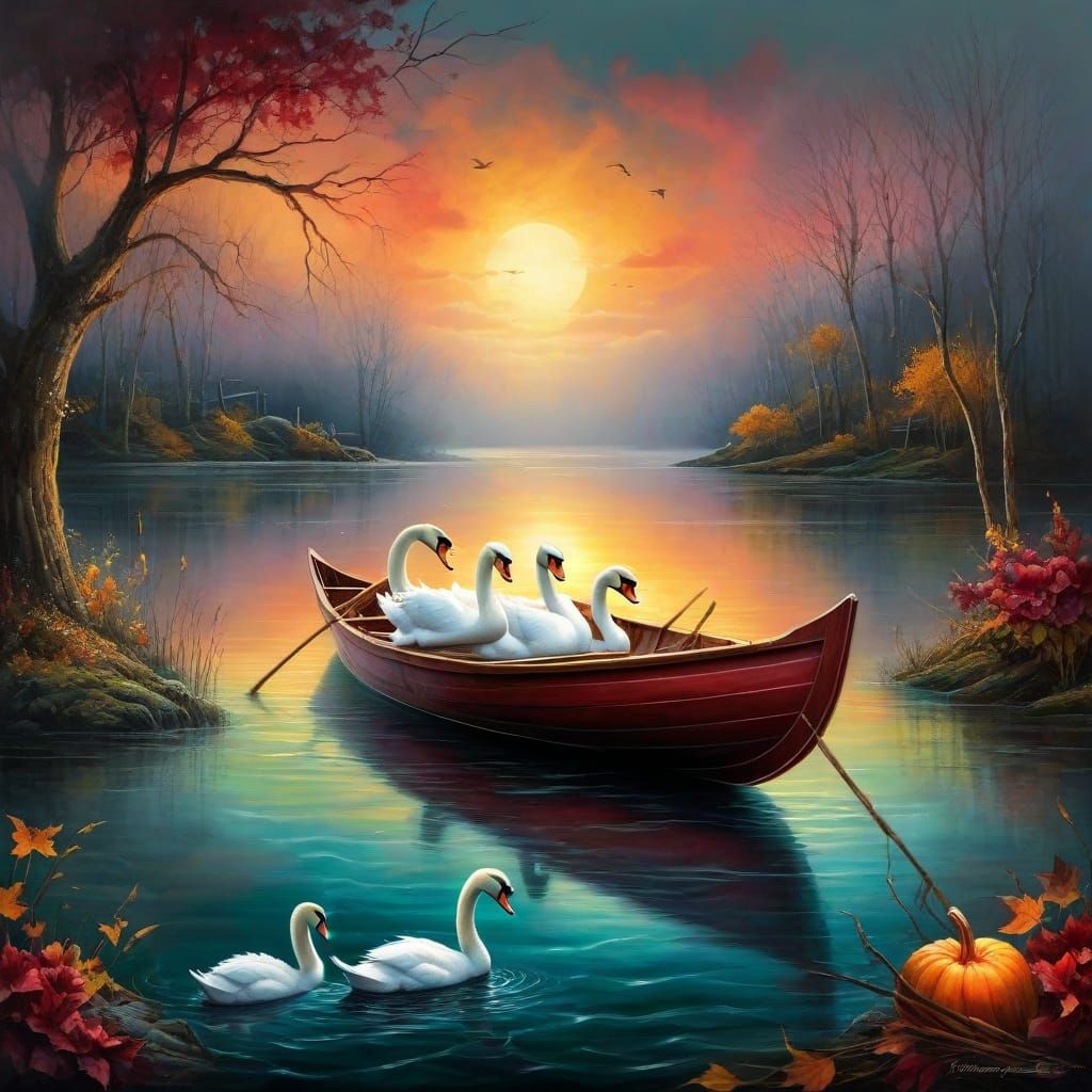 Swans nesting in a rowboat