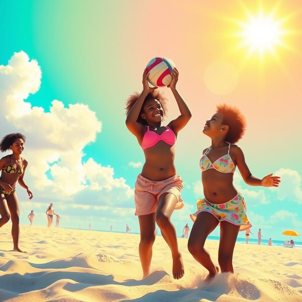 Vibrant Family Beach Volleyball Scene in a Sunny Skies Style