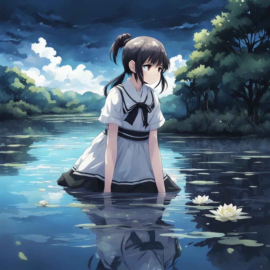 Anime Girl in Black Water Lake