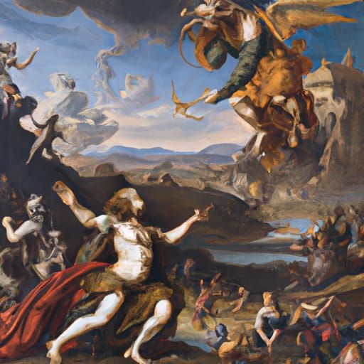 God and Satan wrestling; by Raphael, hyperdetailed scenic epic - AI ...