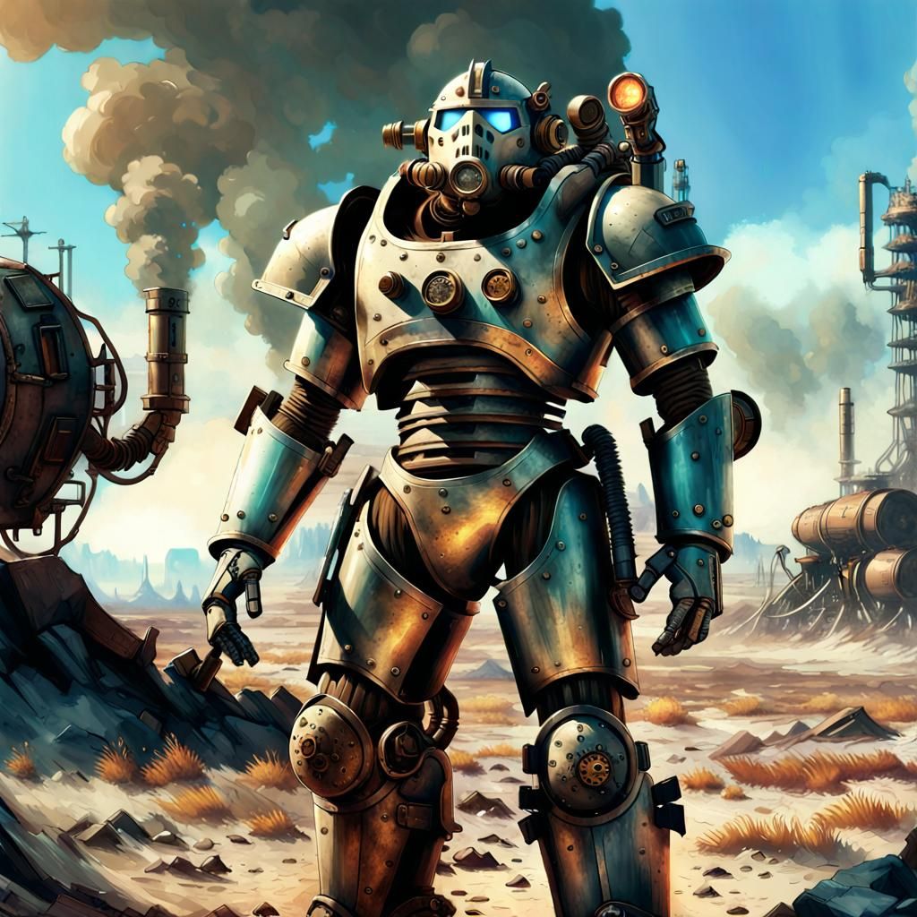 Vapor smoke fallout vault survivor in mechanical armor in a ...