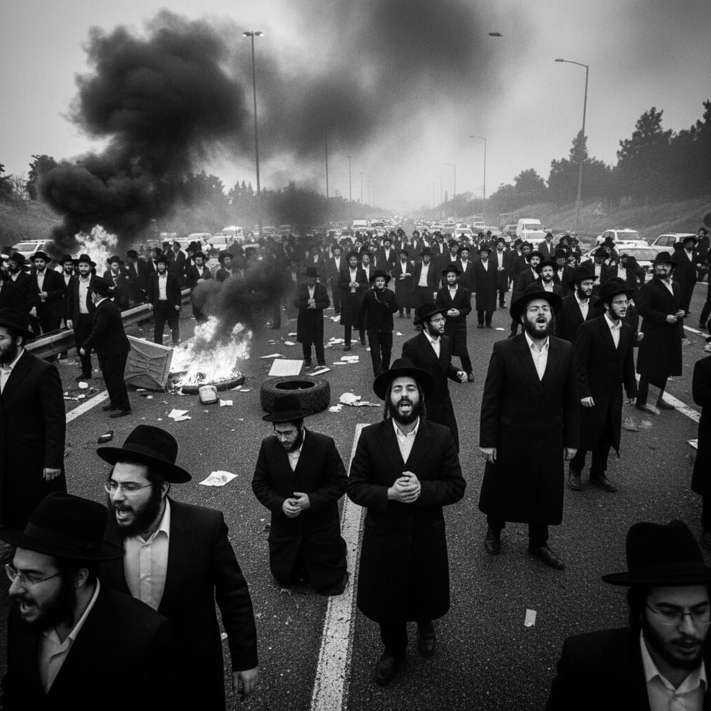  A dramatic scene of Haredi protestors in traditional dress causing a dramatic closure on Highway 6. The scene is chaotic and emotionally ch...