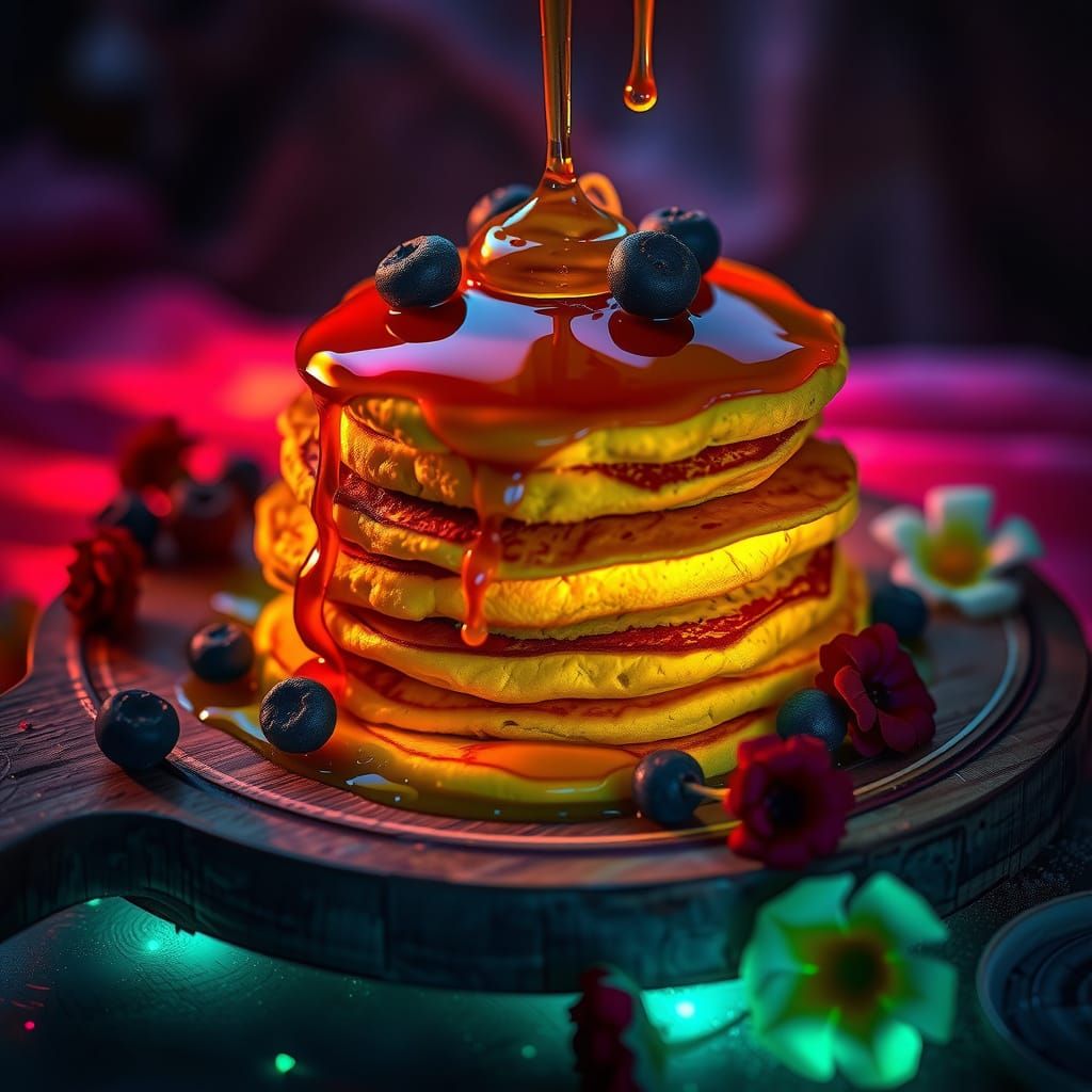 : A stack of glowing, bioluminescent pancakes drizzled with syrup that shimmers with an otherworldly ...  by @Markeeta Reeves