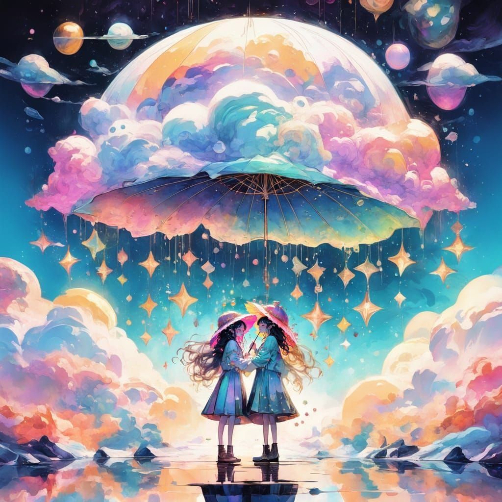 An umbrella made of space drips stars  by @genny