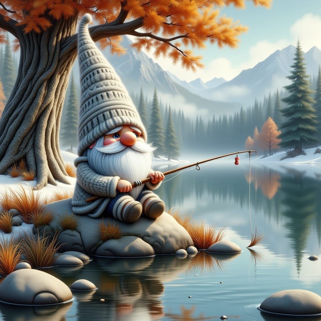 <lora:Scandic Gnomes:1.0><lora: nordic gnome fishing, sitting under a nordic pine tree at a lake, autumn Spirit, 
 whimsical photorealistic...