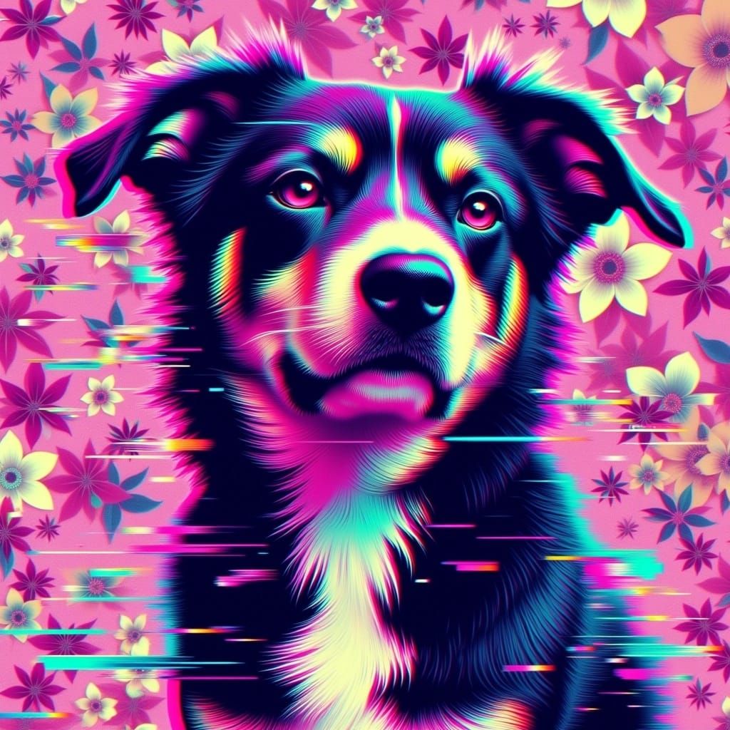 <lora:GlitchRetro:1.0> glitchcore glitch effects glitch lines retro bright colorful dog portrait floral digital glitch muted colors full po...